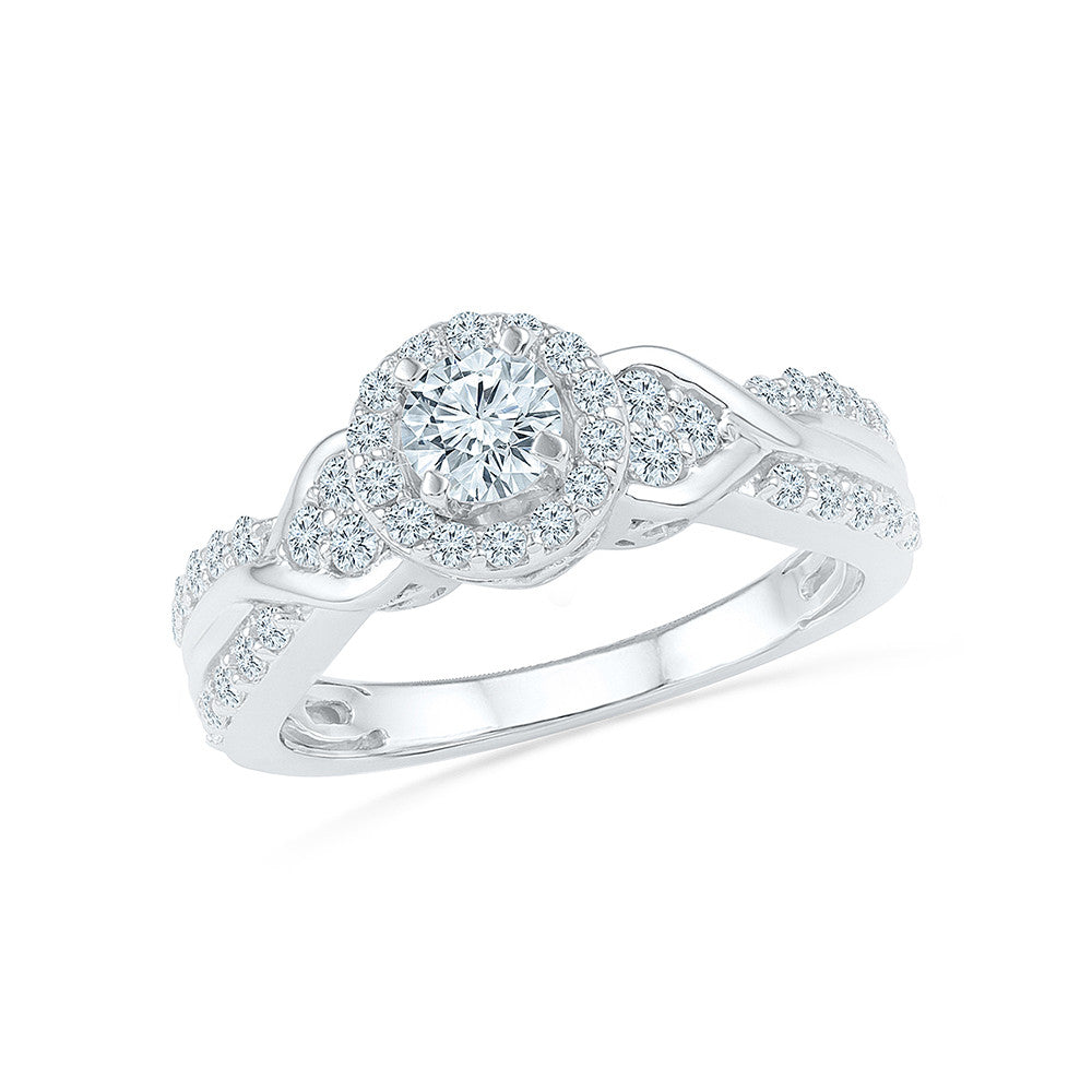 Princess Cut Diamond Halo Twisted Engagement Ring 14K White